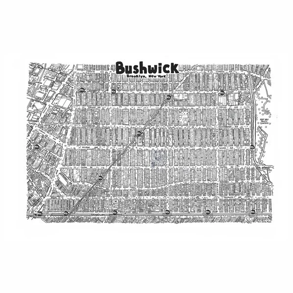 black and white Bushwick NYC illustrated map