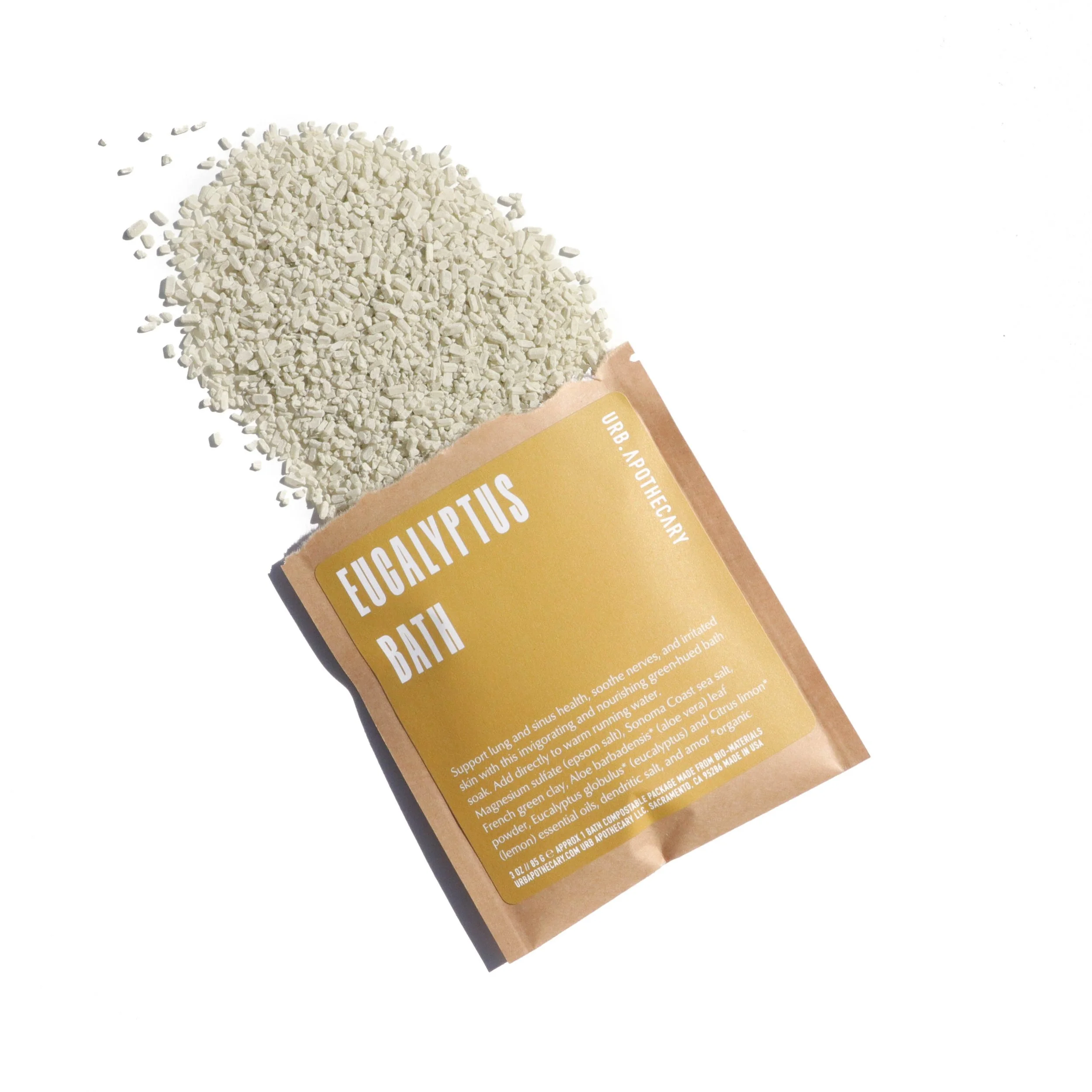 eucalyptus scented bath salts made from organic ingredients with sustainable packaging