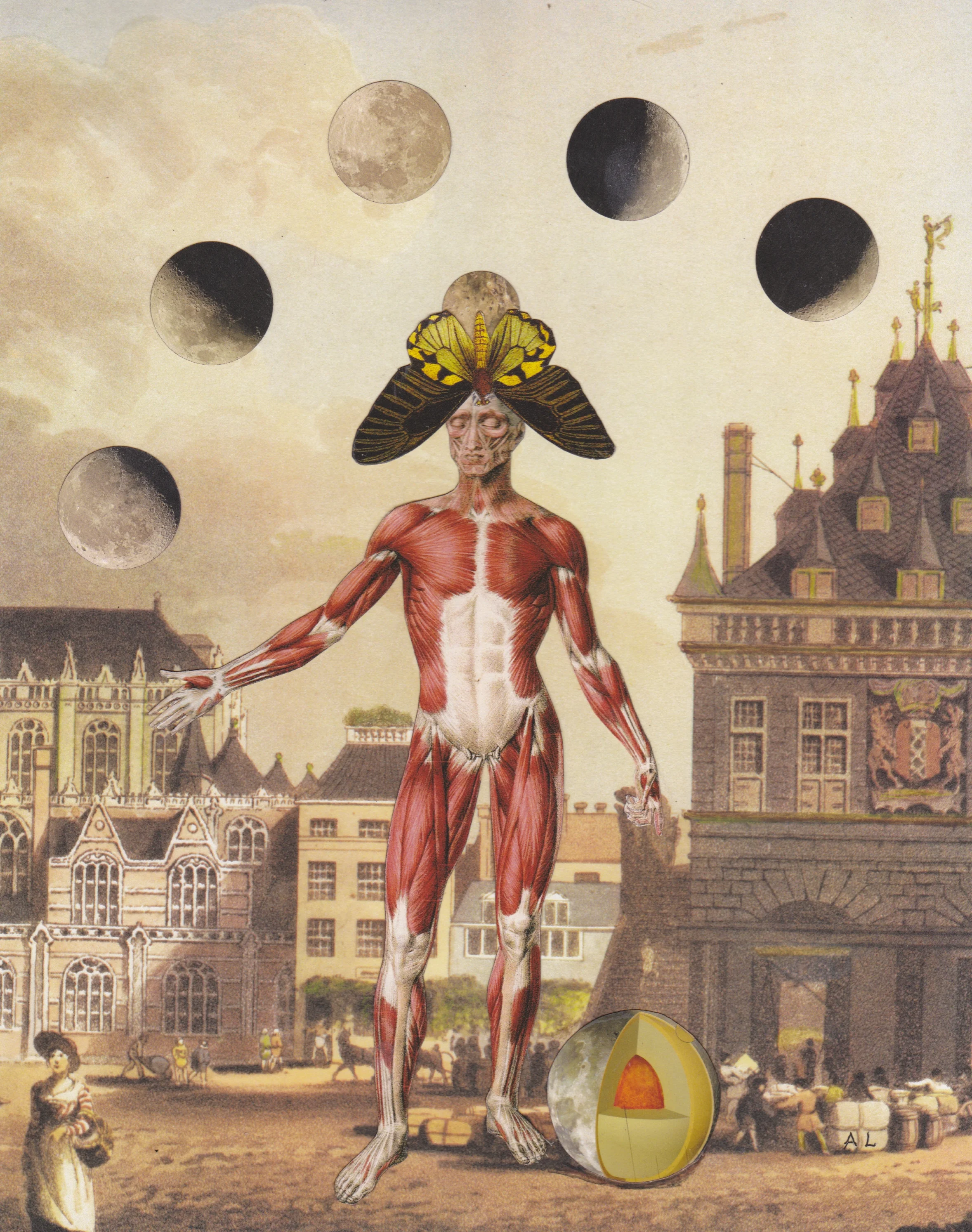 Lunar Event over Amsterdam, 8" x 10" collage on paper, 2016
