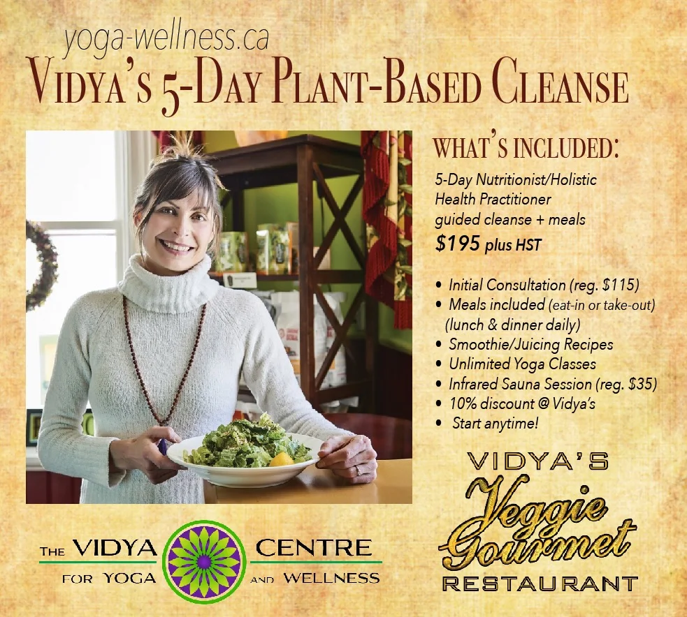 *Introductory Rate of 195 ends June 1st! (Regular Rate 275) Choose your length of cleanse, and also choose how deep you’d like to venture into the land of body purification. Kim can help guide you through a journey of wellness at your pace and tailored to your personal needs and lifestyle. Today’s lifestyle is hectic. It can be daunting to think about changing your life to such a degree that you would lose your work-life-family-life balance. Having someone else take care of your meals is half the battle, and having someone to guide you along the way makes it doable. This cleanse includes consultation with Kim Vidya, RHN, infrared sauna to help with the detox, meals, and unlimited yoga classes during your cleanse. You may purchase your cleanse in person at our Elixir Bar at Vidya's, or online here below. When purchasing online please print and bring your PayPal receipt with you and contact us to reserve your initial consultation. Cleanse runs from Wednesday thru Sunday . Option to do 5 or 10 days (or more!)