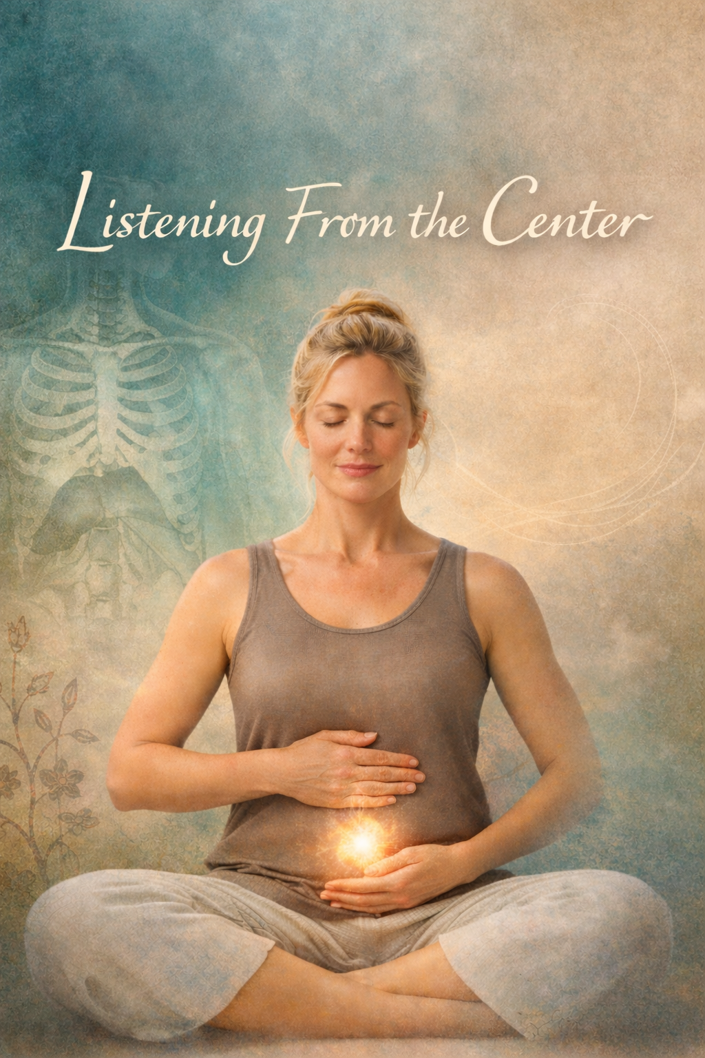 A woman practicing meditation with her eyes closed, sitting cross-legged with her hands on her stomach and lower abdomen, glowing light emanating from her lower abdomen, with a semi-transparent background showing a skeleton and floral designs.