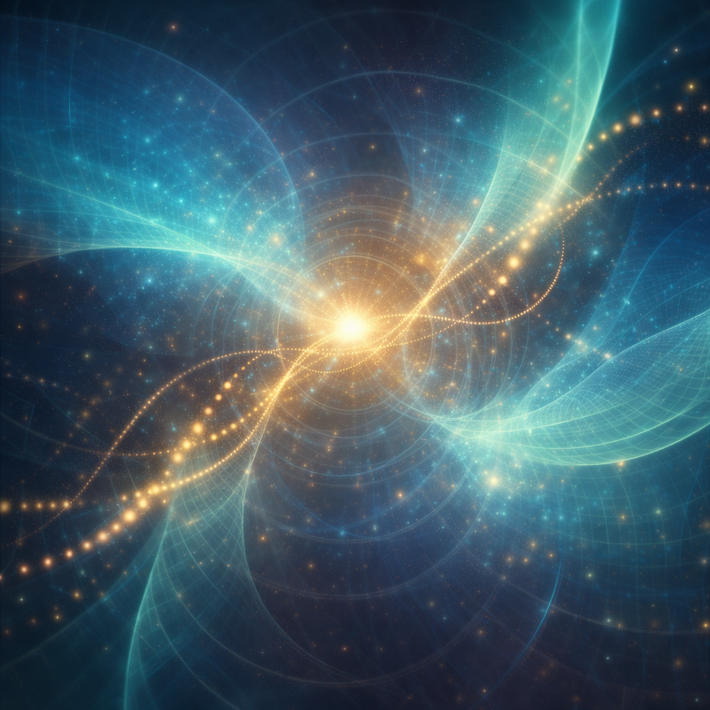 A digital depiction of a glowing, radiant point of light at the center surrounded by swirling, intersecting lines and particles in shades of blue and gold, resembling a cosmic or neural network.