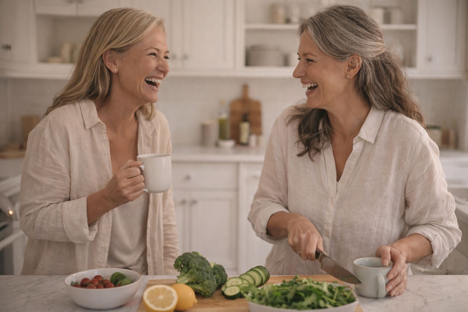 Women cutting vegetables. laughing while drinking tea