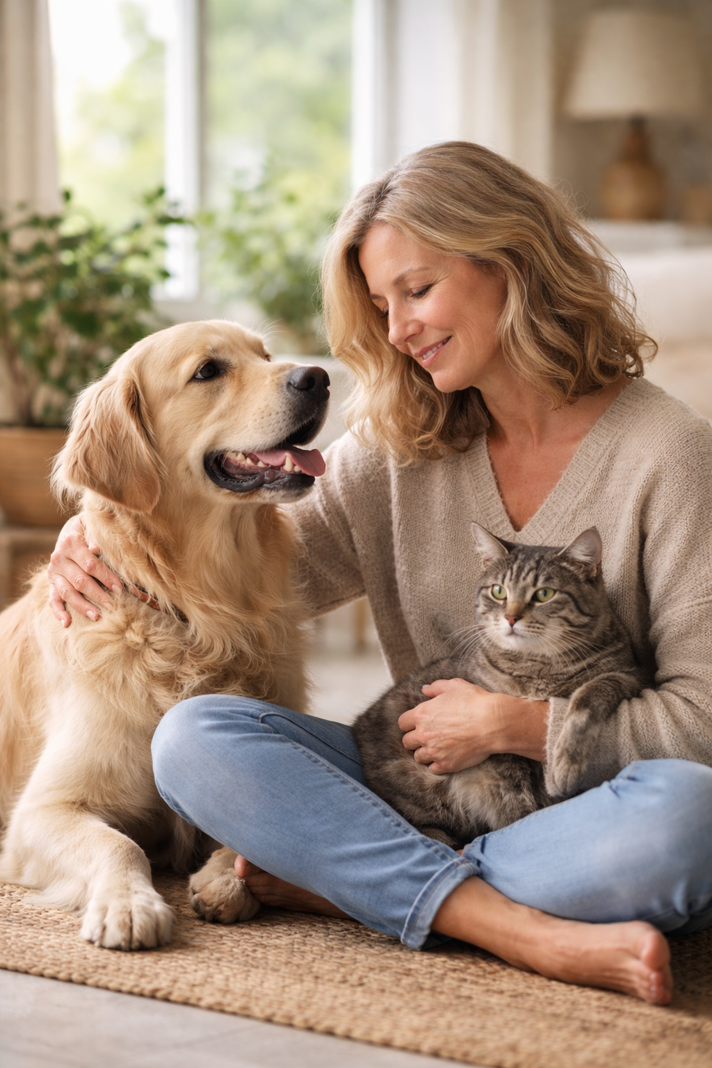 A woman with blonde hair sitting on the floor with a golden retriever and a gray tabby cat, smiling and petting the dog indoors near a window with greenery outside.