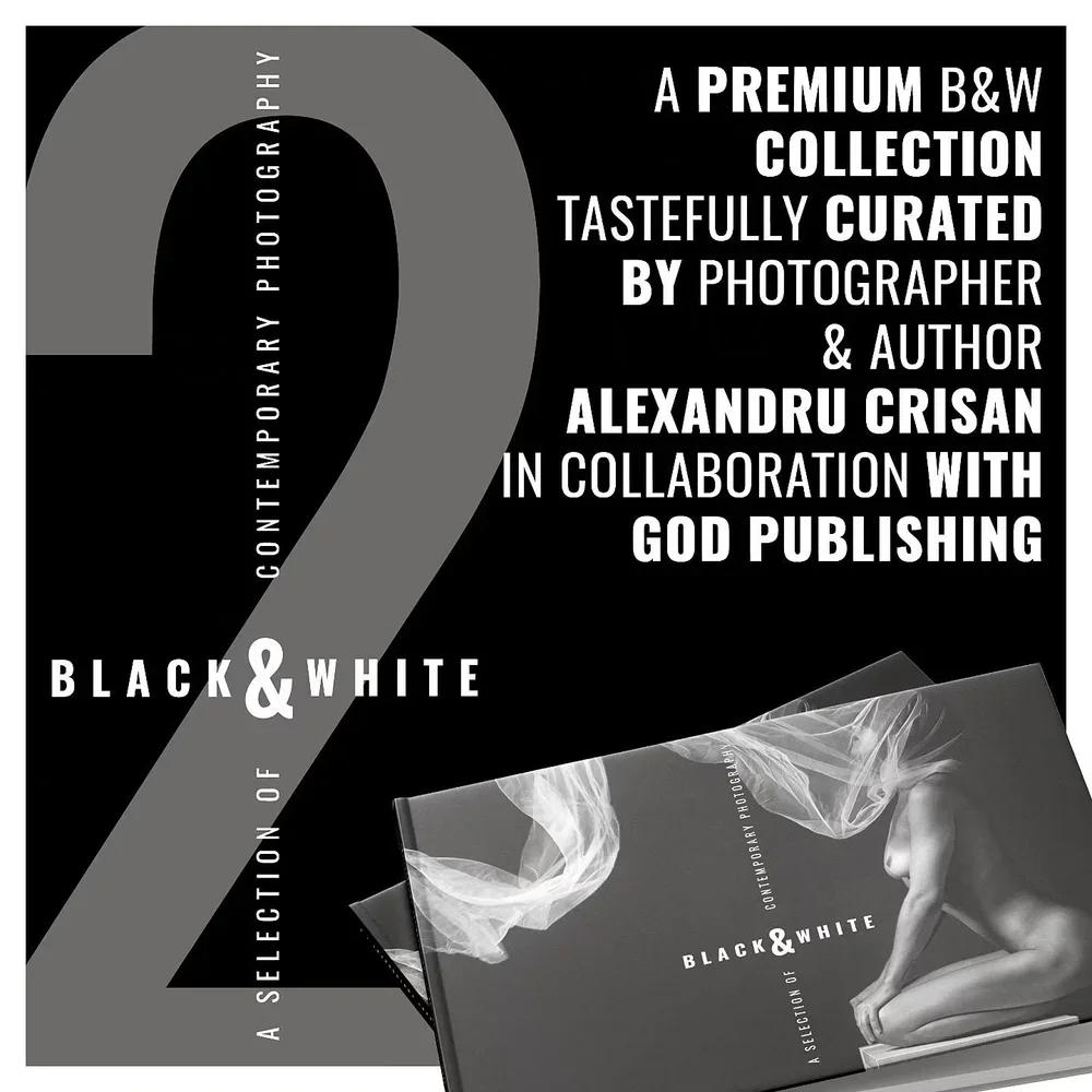 Black and white photography book titled "Black & White: A Selection of Contemporary Photography" with a cover image of a nude woman with sheer cloth, lying down in a relaxed pose.