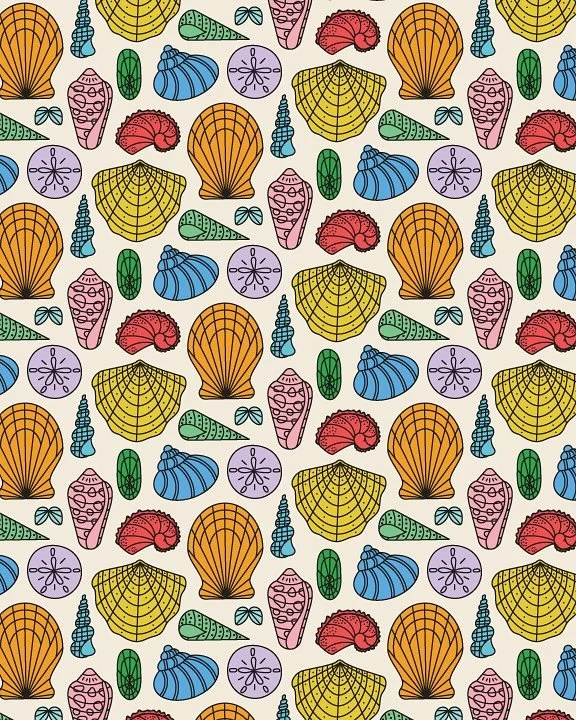 Prompt 2: Shell for #thepatternchallengebymel2025 by @melanie.johnsson 

What a bounty. I can only dream of finding such an array. But which color scheme should wash up on the shore? 

#illustration #digitalillustration #graphicillustration #womenwho