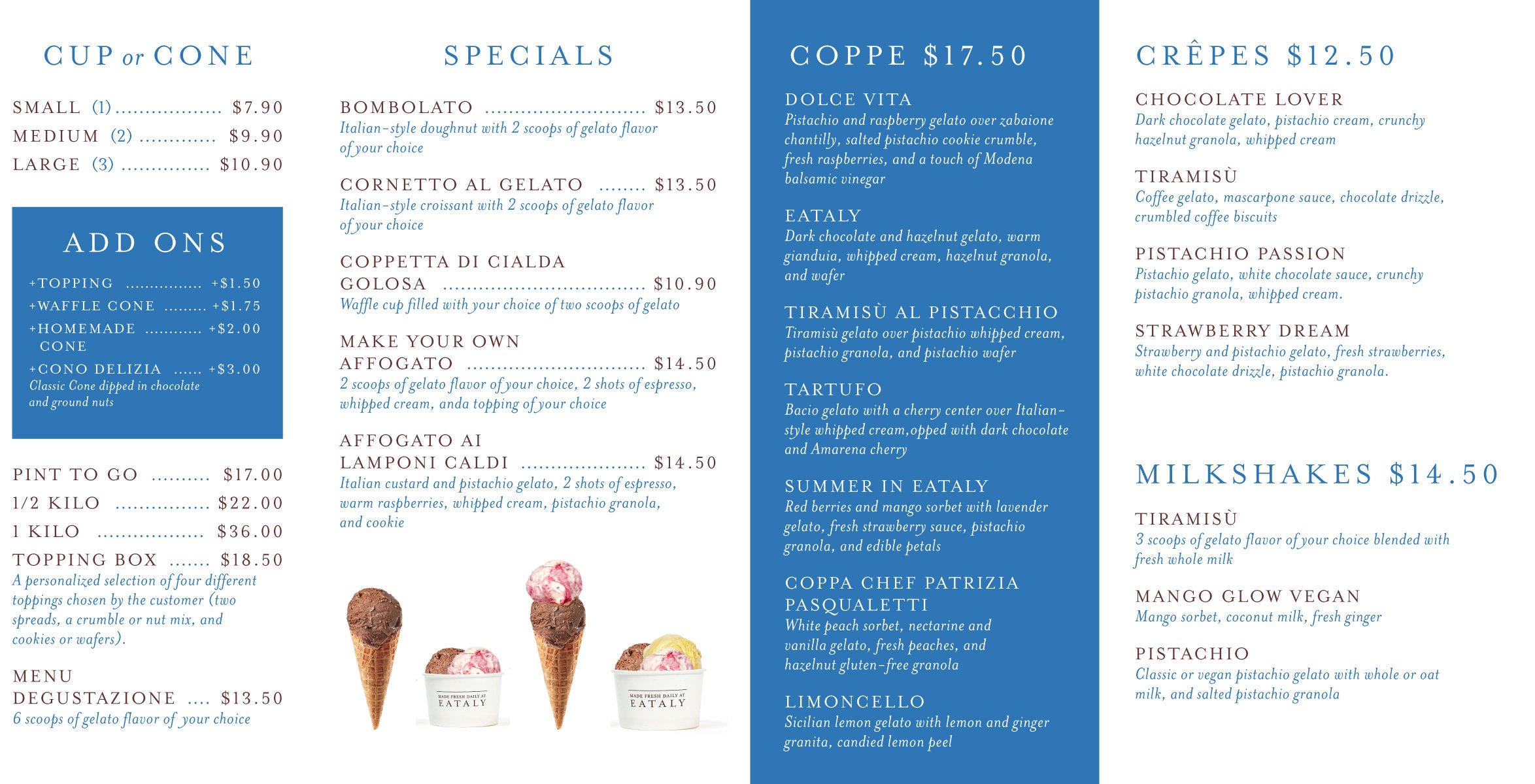 Flatiron, NYC | Sample menu of Eataly Flatiron's La Gelateria di Eataly concept. Responsible for menu design direction, project manager.