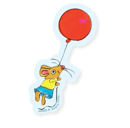 Welcome to the Busy World of Richard Scarry with the Mouse Balloon Sticker, it's a world of community, kindness, and imagination.