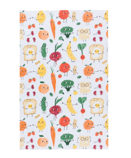 Display the cheerful Funny Food Dishtowel by Danica Jubilee, showcasing a playful repeating pattern of smiling fruits and vegetables on a white background.