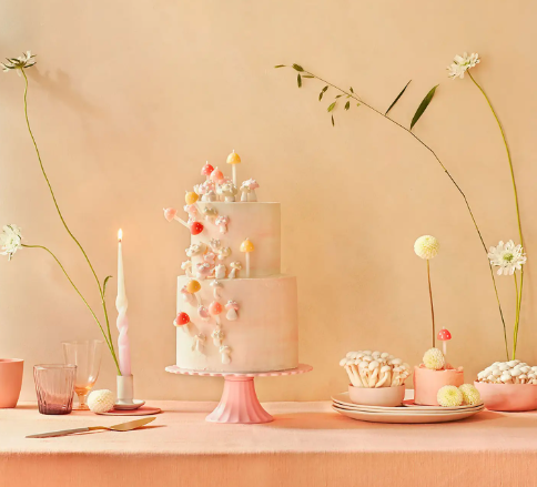 A stunning two-tier party cake beautifully decorated with an enchanted forest theme using Meri Meri mushroom candles and delicate floral accents.
