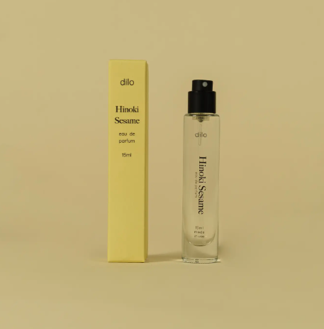 The Hinoki Sesame scent by dilo with a fine mist sprayer, designed and blended in Philadelphia for on-the-go wear.