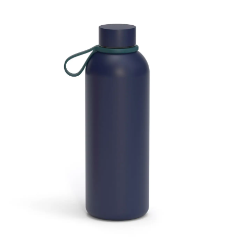 A sleek Midnight Blue insulated stainless steel bottle with a custom dark green silicone carry strap.