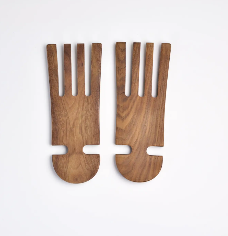A pair of dark walnut wood salad serving hands with a modern, hand-shaped design, perfect for tossing and serving.