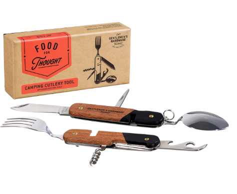Conquer campfire meals with the Gentlemen's Hardware Camping Cutlery Tool, an all-in-one detachable stainless steel utensil set featuring a handsome wood handle.