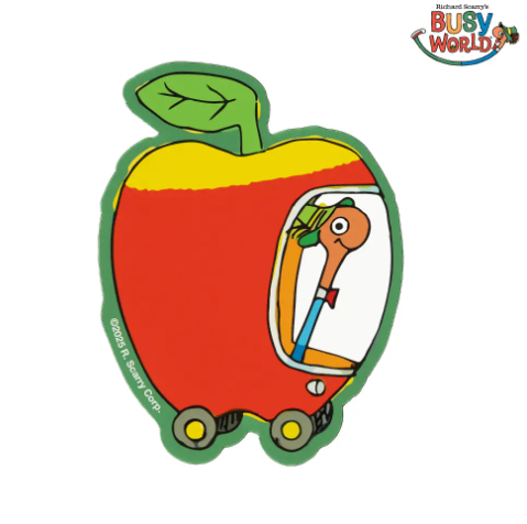 The Three Potato Four Lowly Worm Apple Car Magnet, showcasing the detailed and colorful design of the beloved Richard Scarry character on a white background.