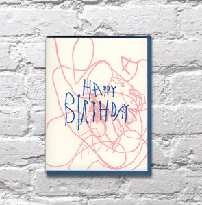 Modern A2 birthday card featuring a bright, artistic scribble pattern, hand-printed in a Minneapolis studio using an antique press.