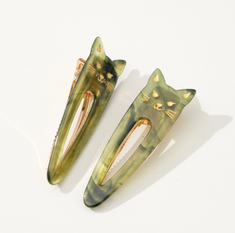 Elodie Cute Cat Hair Clip Set by Adorro | Eco-Friendly 90s-Inspired Hair Accessories - Jade Green.