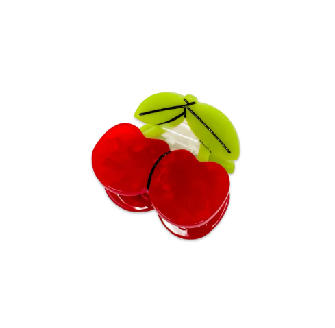 A vibrant red Mini Maraschino Cherries Hair Claw by Jenny Lemons, showcasing its detailed cherry shape and playful design, ready to add a sweet accent to any hairstyle.
