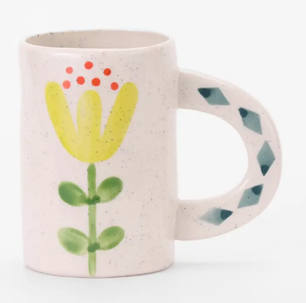 ChagoArt Green Floral stoneware mug showcasing a lovely floral design and a large, decorated artisanal handle.