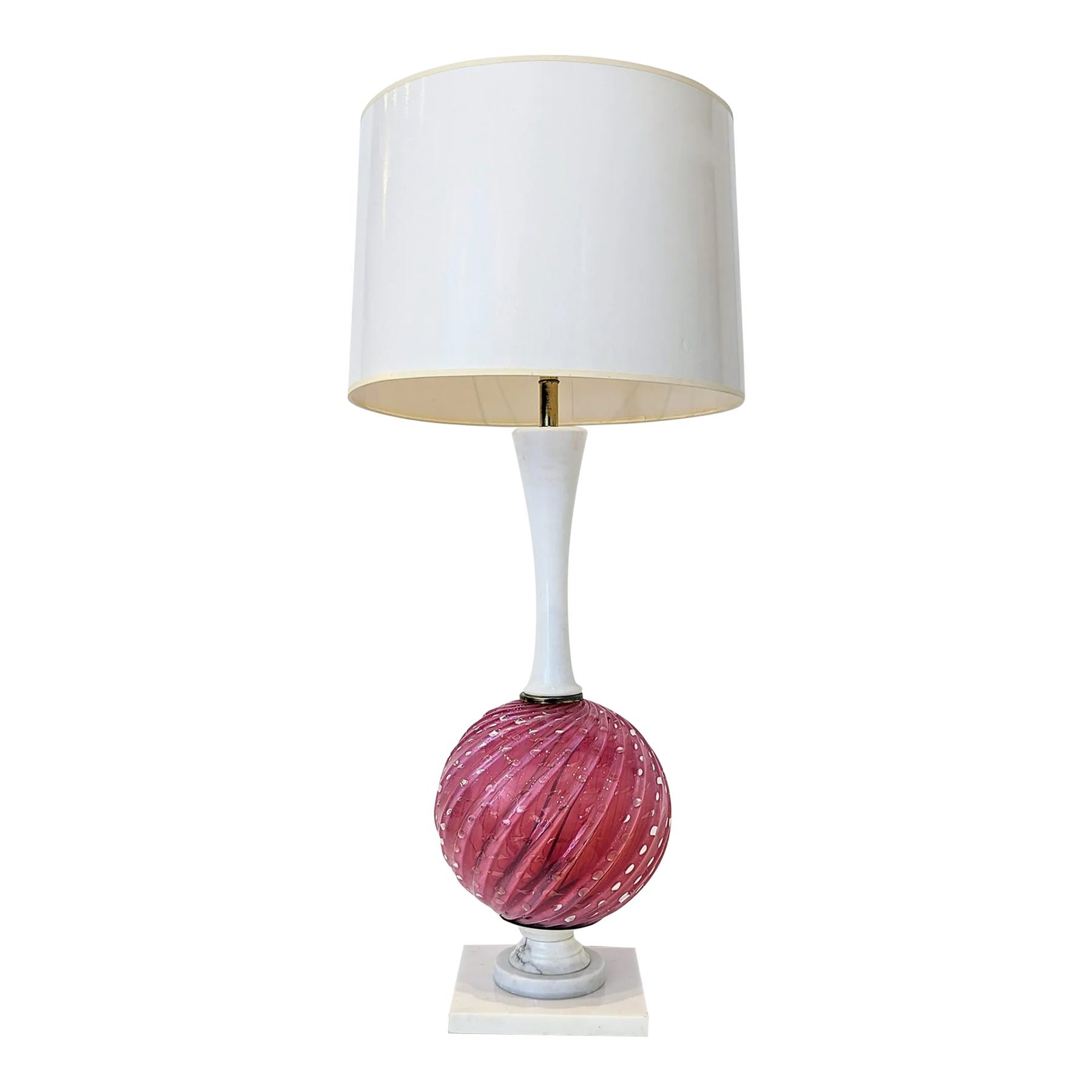 1950s Murano Glass Table Lamp | Pink Swirl Globe, Marble & Brass