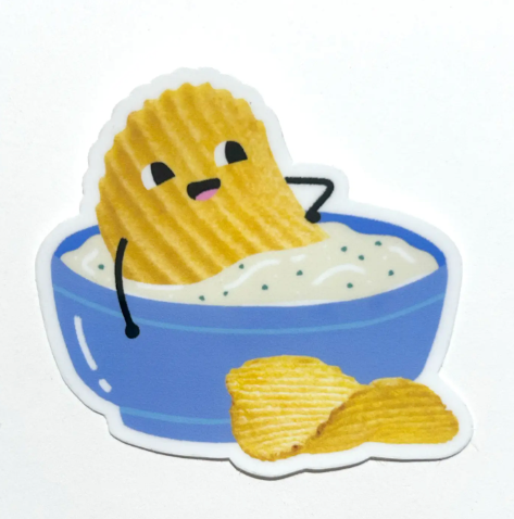Add playful charm to your laptop or water bottle with the Chips and Dip Sticker by Zander Mack.