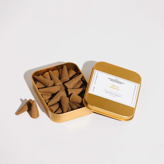 Palo Santo Incense Cones by Commonwealth Provisions: The tin packaging displayed alongside the incense cones, perfect for creating a soothing and refreshing atmosphere.
