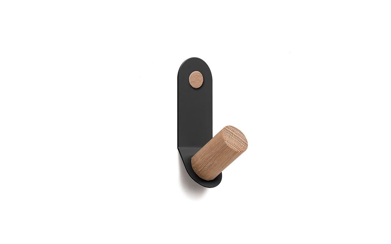 Plane Single Wall Hook by Fire Road, a perfect balance of function, elegance and warmth - black + white oak