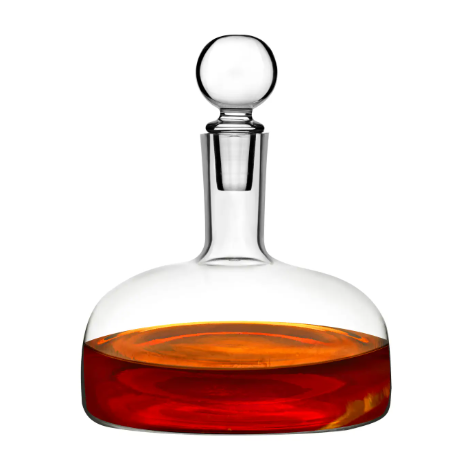 The elegant Godinger Venezia Whiskey Decanter, clear unleaded crystal with a round stopper, perfect for displaying fine spirits.
