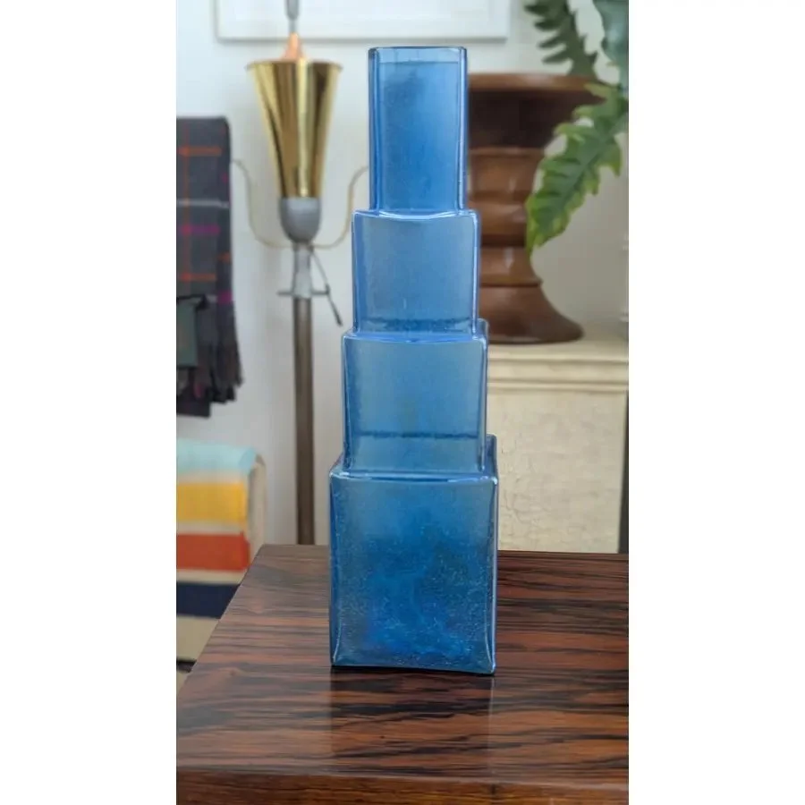 Bertil Vallien for Kosta Boda, 1980s “Metropolis” vase in cobalt glass with stacked block form and frosted bubbly texture