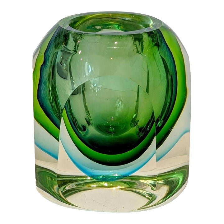 Vintage Murano sommerso vase with emerald green and cyan-blue layers in clear faceted crystal