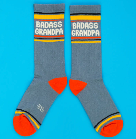 High quality ribbed mid-calf socks by Gumball Poodle featuring a funny badass grandpa design for men.