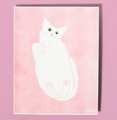 An artistic risograph print showing a unique perspective of a cat's toe beans from beneath a glass table.