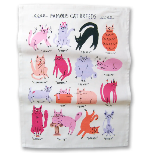 A 100% cotton tea towel with a fun and whimsical cat design in pink and purple hues.