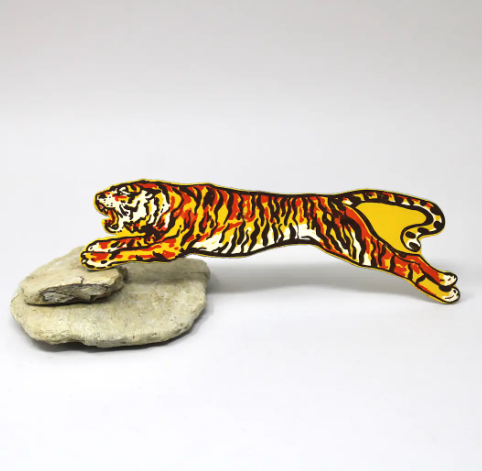 A vibrant yellow genuine leather bookmark featuring a hand-foiled tiger design.
