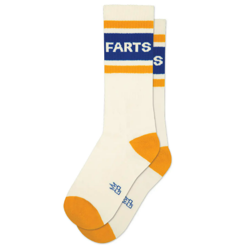Funny Farts Gym Crew Socks by Gumball Poodle with a classic ribbed design and bold statement text.