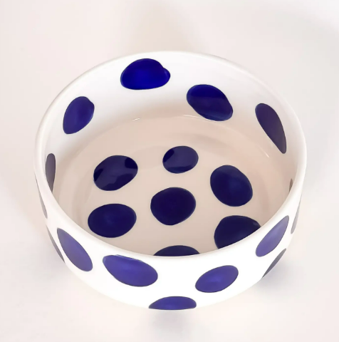 Artisanal Graphic Pattern Bowls by Magazin Minori featuring hand-painted Mare Blue dots on a white ceramic base.