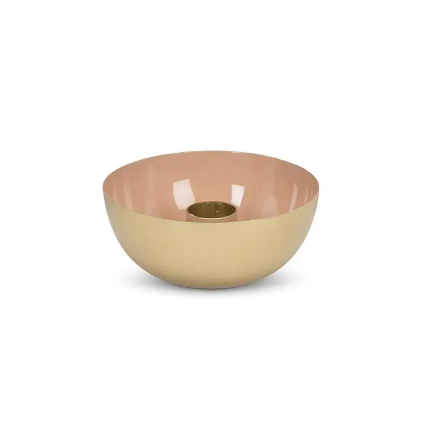Modern metal taper candle holder featuring a sophisticated dusty taupe interior and gold metallic base.