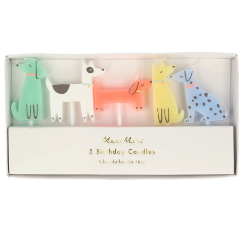 Whimsical dog-themed cake candles by Meri Meri featuring five different breeds in neon coral, yellow, and blue.