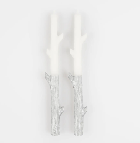Elegant 11-inch white textured stick candles by Meri Meri with a modern shiny silver dipped metallic finish.