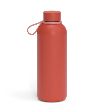 A stylish Brick red insulated stainless steel bottle with a subtle pink silicone carry strap.