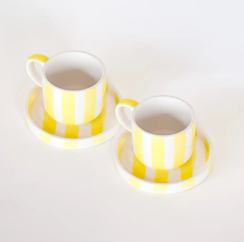 Hand-painted Graphic Pattern Espresso Set by Magazin Minori featuring modern Beach Yellow stripes on white ceramic.