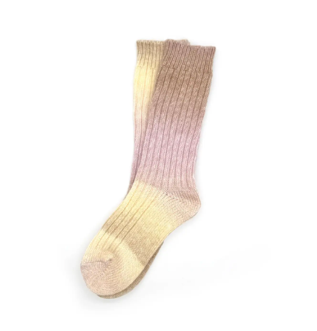 Soft Ombre Sunset Socks in lavender, light yellow, and tan, perfect for lounging and layering.