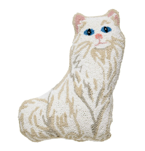 Minimalist white cat themed throw pillow featuring a hand-hooked wool design for a cozy and artistic home accent.