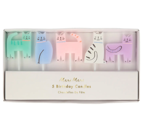 A set of five colorful Meri Meri cat birthday candles in various poses including pink, blue, and purple felines.