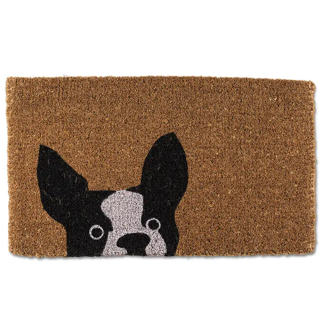 Natural coir Peeking Dog Doormat by Abbott featuring a cute Boston Terrier graphic.