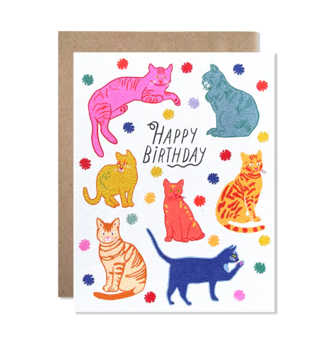A whimsical birthday card featuring multiple hand-illustrated cats in various playful poses with the text "Happy Birthday" at the bottom.