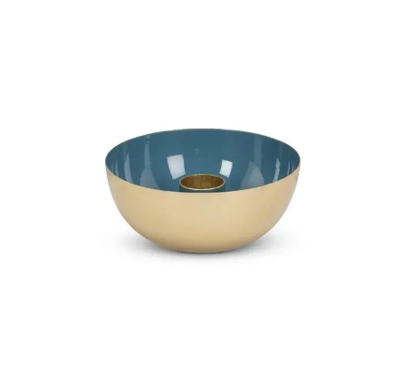 Modern metal taper candle holder featuring a sophisticated blue interior and gold metallic base.
