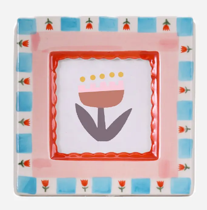 ChagoArt Red Flowers ceramic photo frame with a colorful red hand-painted flower border on blue and white checkered stoneware.