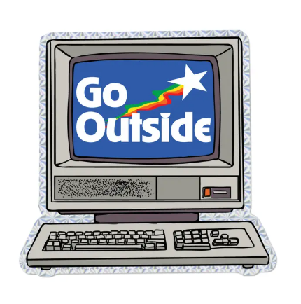 Unique die-cut decals by Red Cap Cards made in Sweden, showcasing a variety of textures from glossy prismatic to white matte, this design features a Go Outside message.