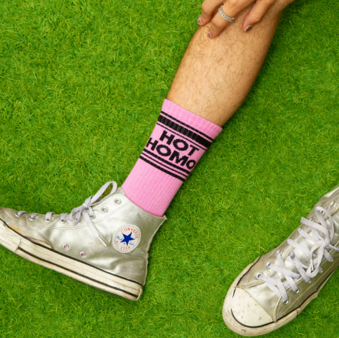 A pair of statement crew socks proudly made in the USA, perfect for adding personality to any outfit.